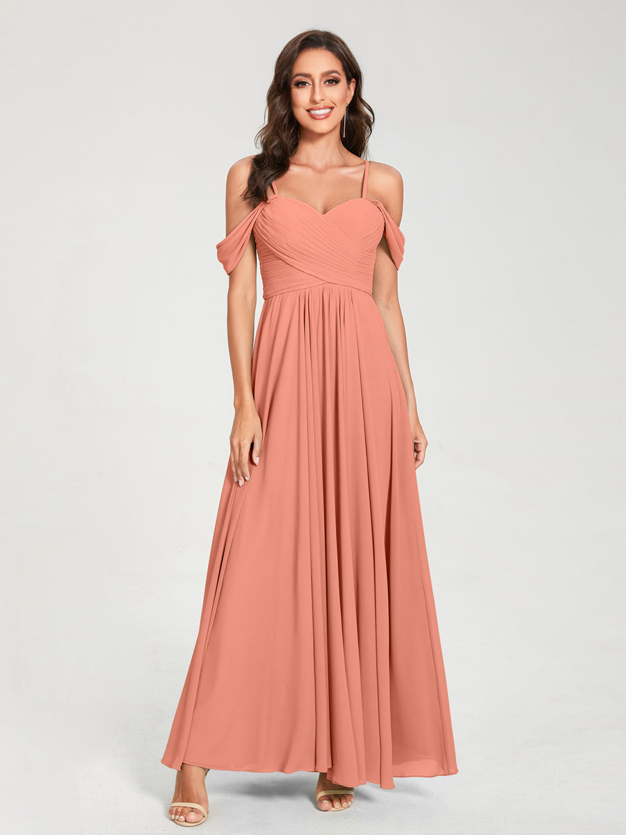 A-Line/Princess Chiffon Spaghetti Straps Short Sleeves Floor-Length With Pleats Bridesmaid Dresses