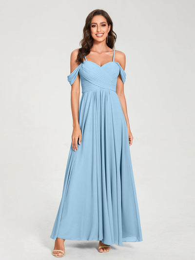 A-Line/Princess Chiffon Spaghetti Straps Short Sleeves Floor-Length With Pleats Bridesmaid Dresses