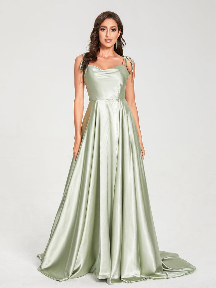 A-Line Spaghetti Straps Sleeveless Ruched Split Side Floor-Length Silk Satin Bridesmaid Dresses