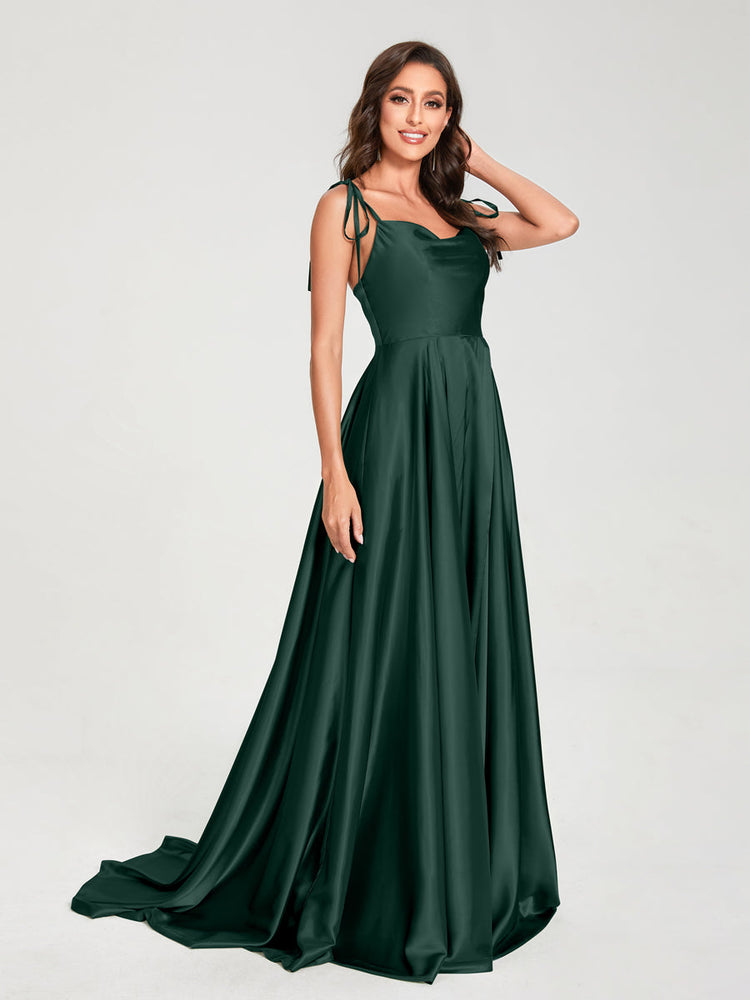 Dark Green Spaghetti Straps Silk Satin Long Bridesmaid Dress