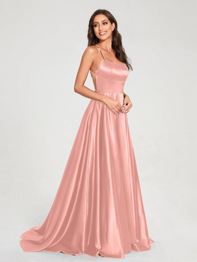 A-Line/Princess Spaghetti Straps Sleeveless Floor-Length Split Side Backless Bridesmaid Dresses
