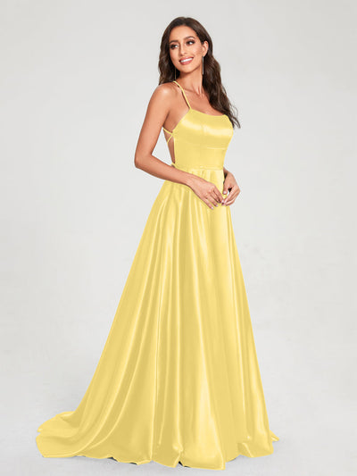 A-Line/Princess Spaghetti Straps Sleeveless Floor-Length Split Side Backless Bridesmaid Dresses