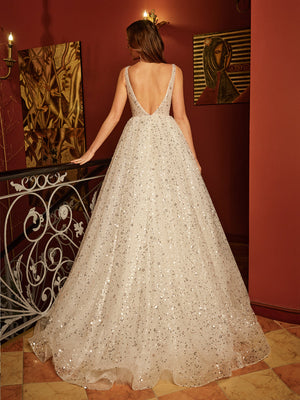 A-Line/Princess V-Neck Sleeveless Backless Long Prom Dresses