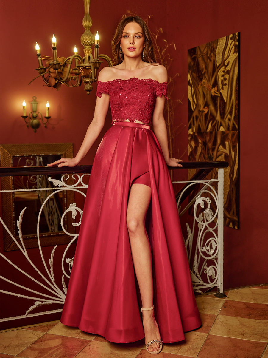 A-Line/Princess Off-the-Shoulder Applique Two Piece Long Prom Dresses