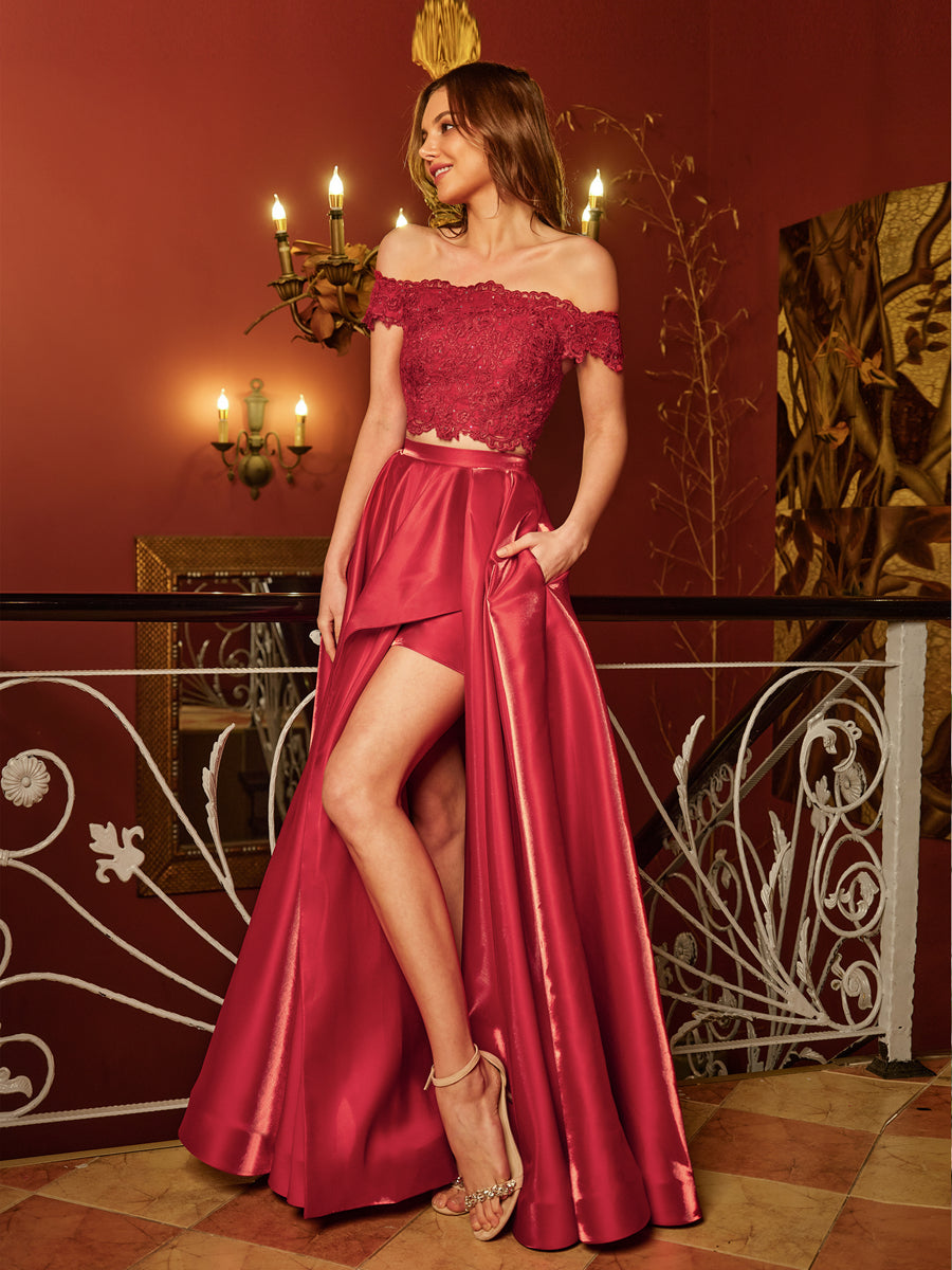 A-Line/Princess Off-the-Shoulder Applique Two Piece Long Prom Dresses