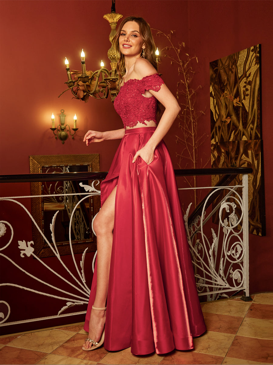 A-Line/Princess Off-the-Shoulder Applique Two Piece Long Prom Dresses