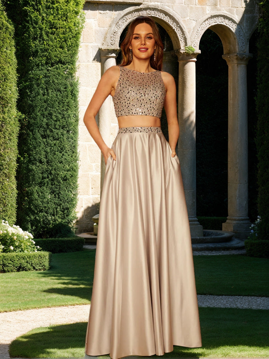 A-Line/Princess Scoop Sleeveless Two Piece Long Prom Dresses