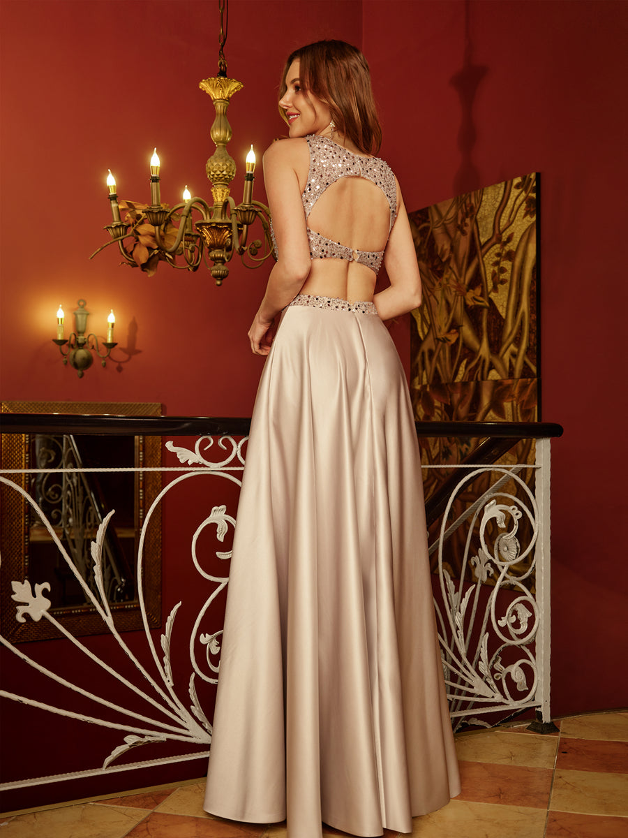 A-Line/Princess Scoop Sleeveless Two Piece Long Prom Dresses