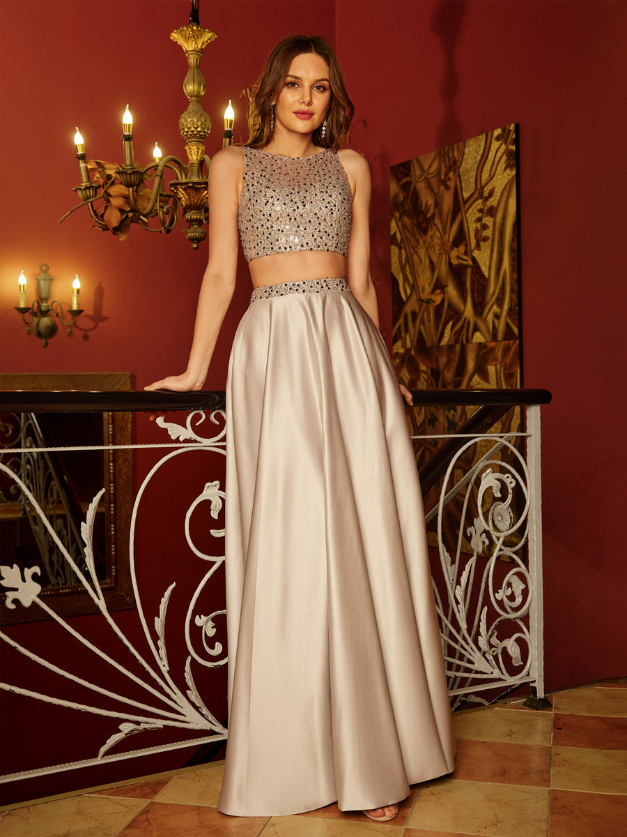 A-Line/Princess Scoop Sleeveless Two Piece Long Prom Dresses