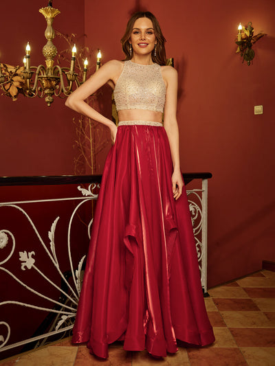 A-Line/Princess Scoop Sleeveless Sequins Two-Piece Long Prom Dresses