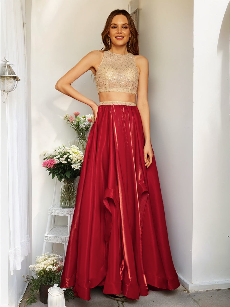 A-Line/Princess Scoop Sleeveless Sequins Two-Piece Long Prom Dresses