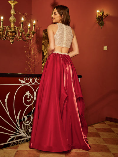 A-Line/Princess Scoop Sleeveless Sequins Two-Piece Long Prom Dresses