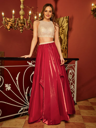 A-Line/Princess Scoop Sleeveless Sequins Two-Piece Long Prom Dresses