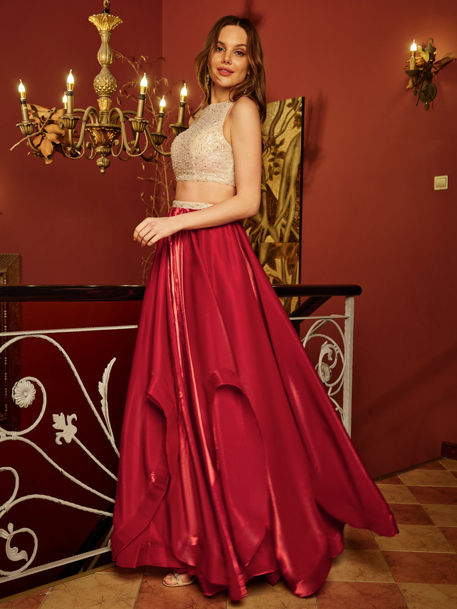 A-Line/Princess Scoop Sleeveless Sequins Two-Piece Long Prom Dresses