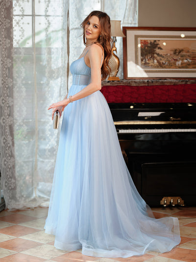 A-Line/Princess Spaghetti Straps Split Side Sleeveless Long Prom Dresses