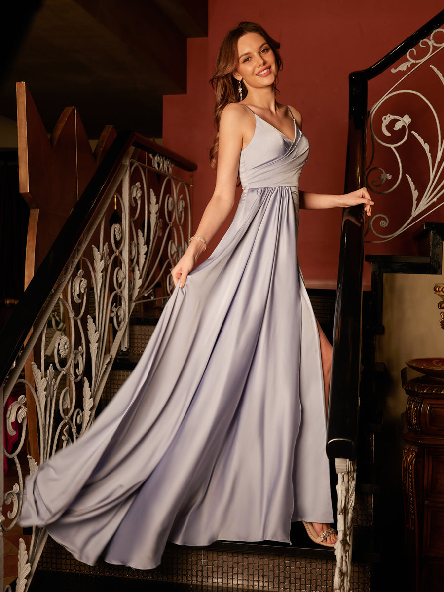 A-Line/Princess Spaghetti Straps Split Side Silk Satin Long Prom Dresses