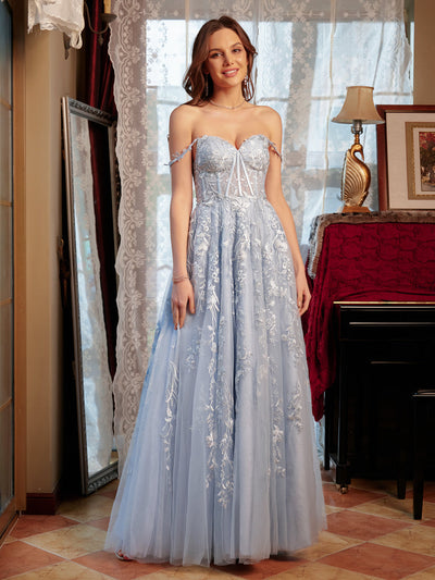A-Line/Princess Sweetheart Applique Tulle Long Prom Dresses