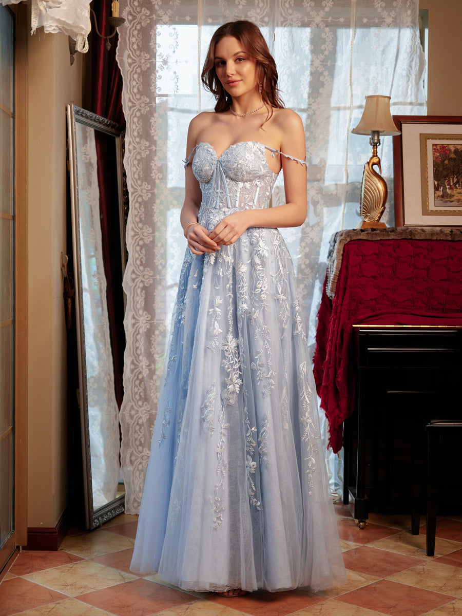 A-Line/Princess Sweetheart Applique Tulle Long Prom Dresses