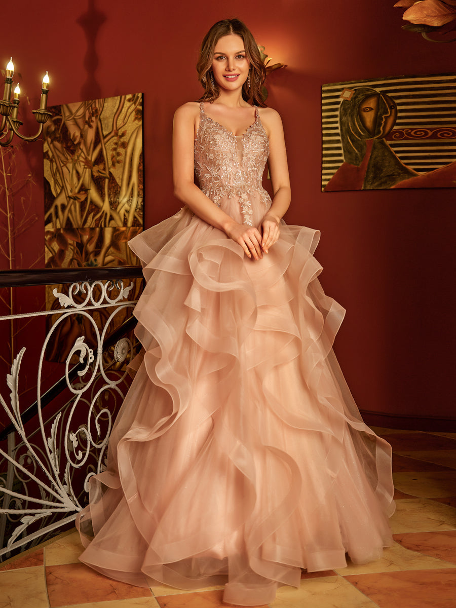 A-Line/Princess V-Neck Applique Sequins Tulle Long Prom Dresses