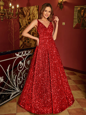 A-Line/Princess V-Neck Long Prom Dresses with Belt