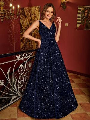 A-Line/Princess V-Neck Long Prom Dresses with Belt