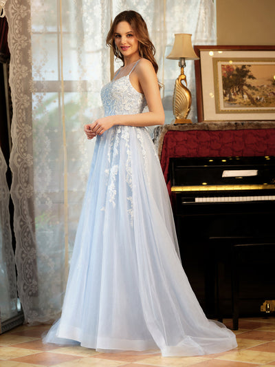 A-Line/Princess Tulle Spaghetti Straps Applique Long Prom Dresses