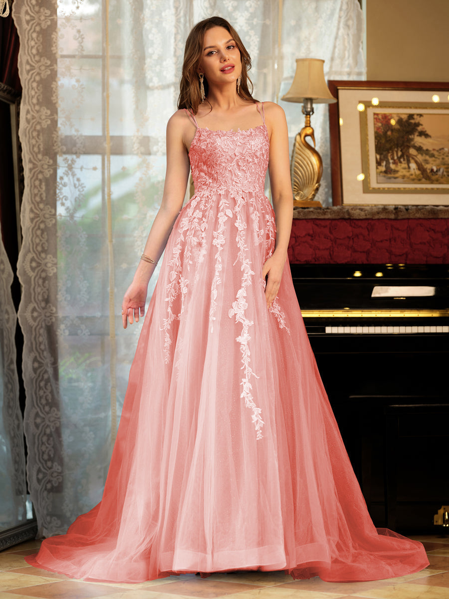 A Line Princess Tulle Spaghetti Straps Applique Long Prom Dresses Lavetir