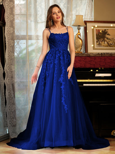 A-Line/Princess Tulle Spaghetti Straps Applique Long Prom Dresses