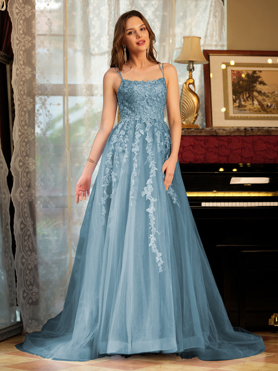 A-Line/Princess Tulle Spaghetti Straps Applique Long Prom Dresses