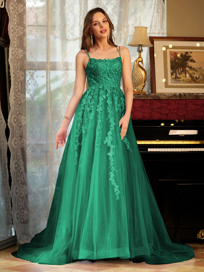 A-Line/Princess Tulle Spaghetti Straps Applique Long Prom Dresses