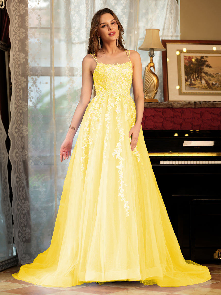 A-Line/Princess Tulle Spaghetti Straps Applique Long Prom Dresses