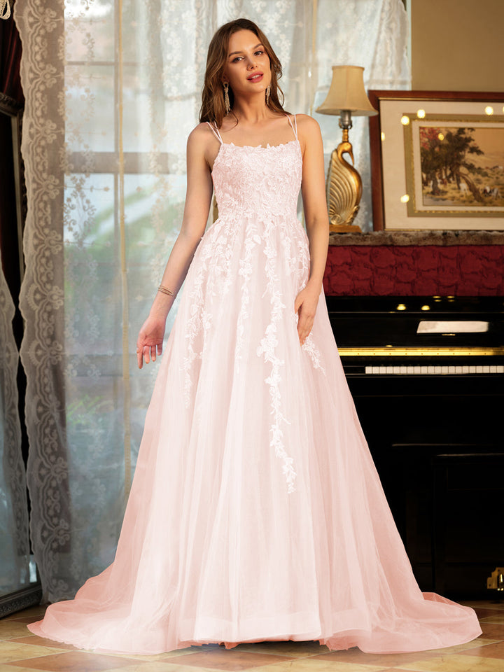 A-Line/Princess Tulle Spaghetti Straps Applique Long Prom Dresses