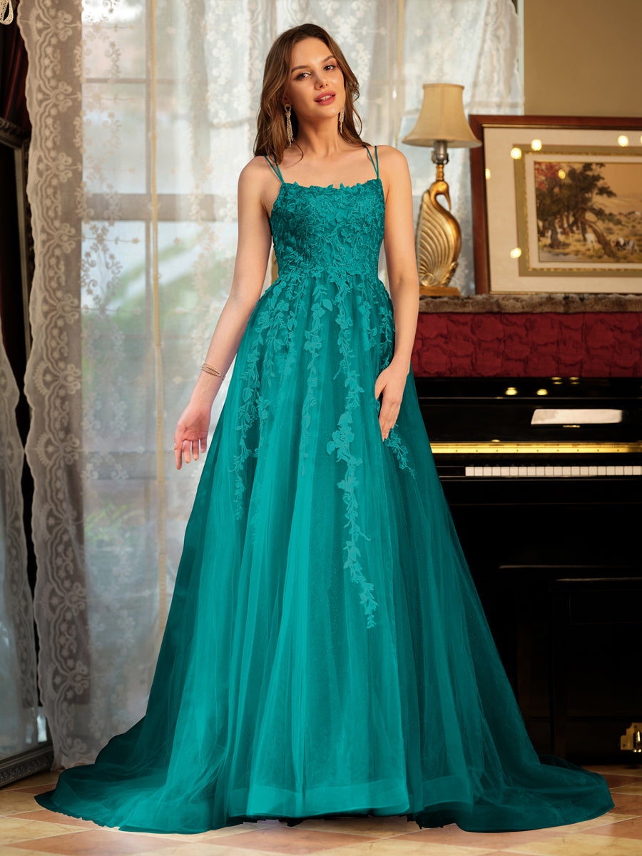 A-Line/Princess Tulle Spaghetti Straps Applique Long Prom Dresses