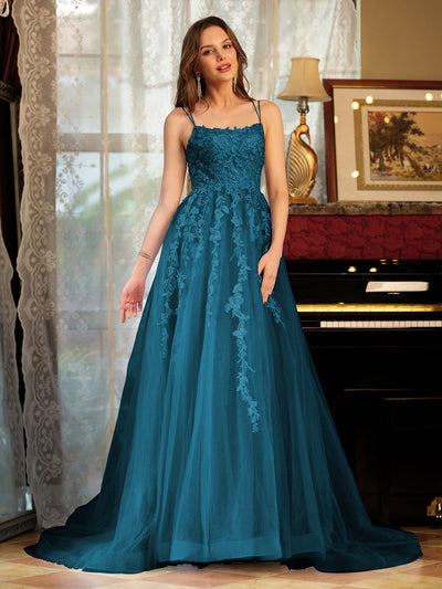 A-Line/Princess Tulle Spaghetti Straps Applique Long Prom Dresses