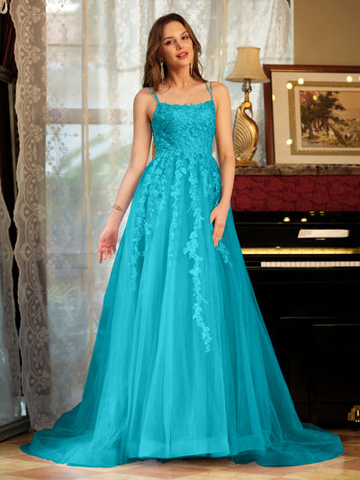 A-Line/Princess Tulle Spaghetti Straps Applique Long Prom Dresses