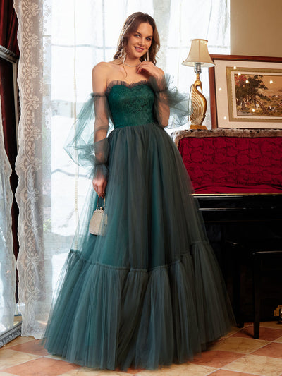 A-Line/Princess Tulle Sweetheart Long Prom Dresses