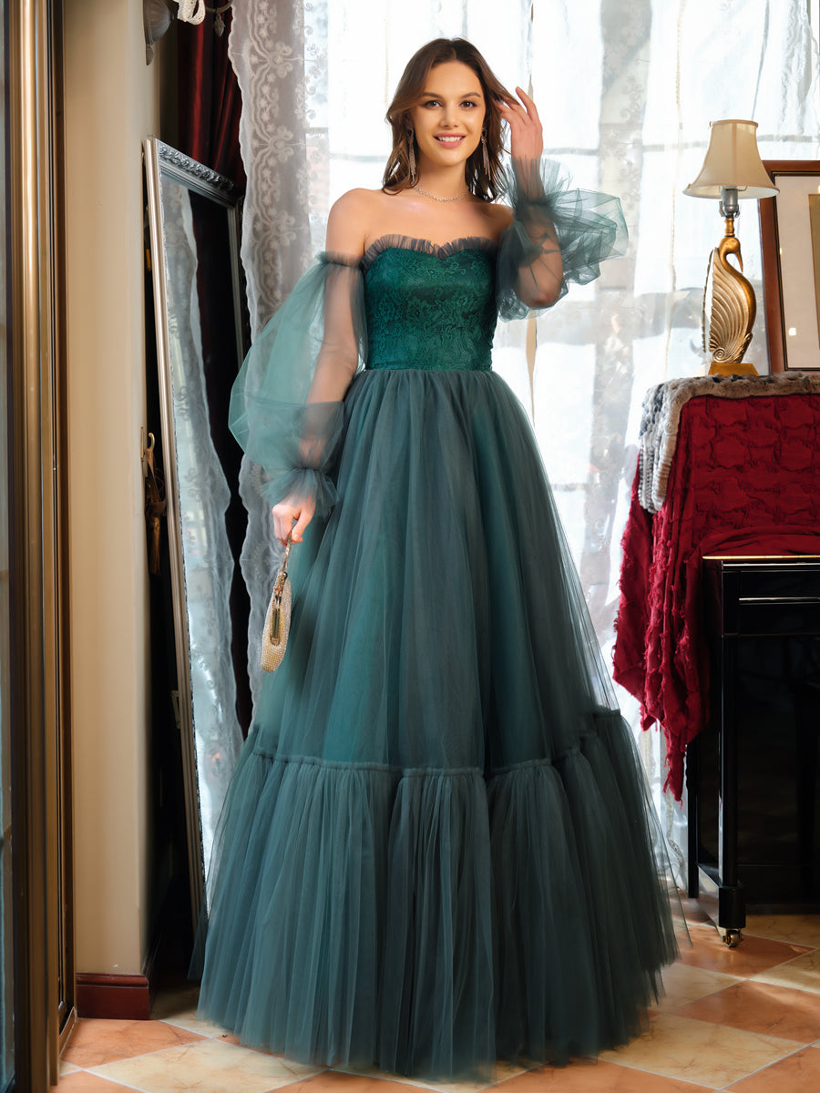 A-Line/Princess Tulle Sweetheart Long Prom Dresses