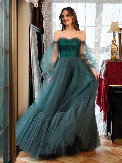 A-Line/Princess Tulle Sweetheart Long Prom Dresses