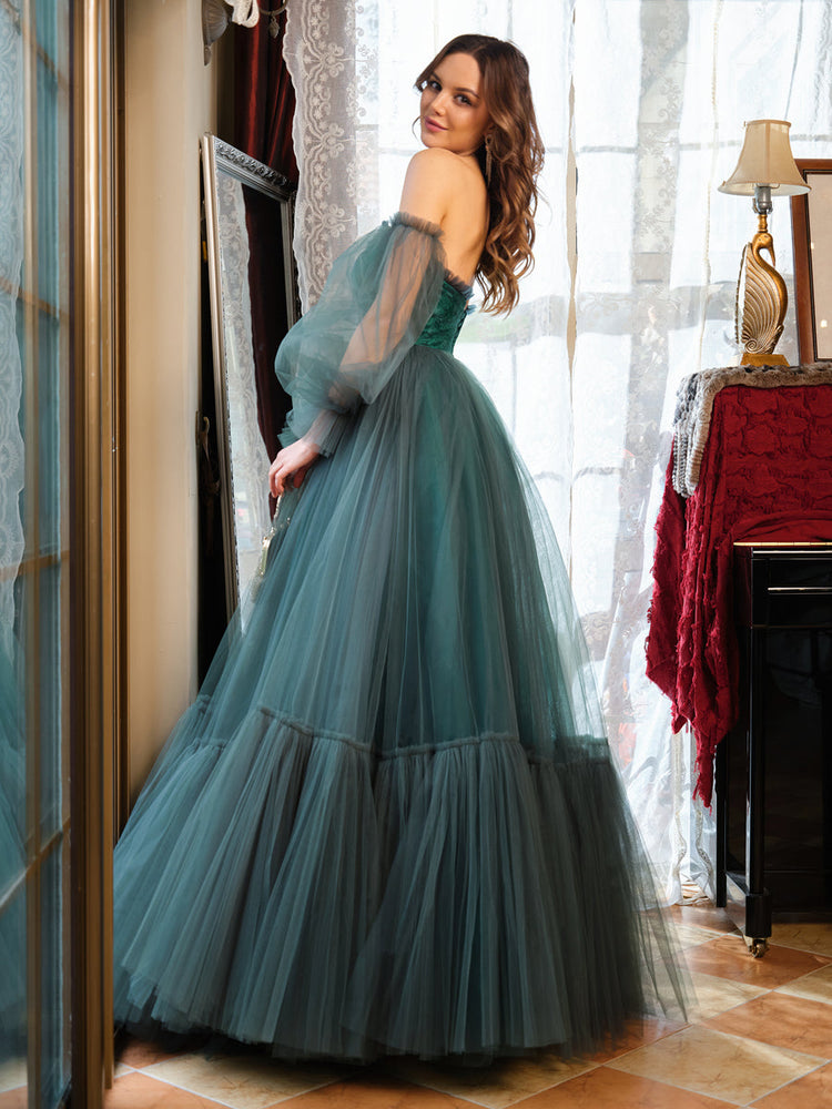 A Line Princess Tulle Sweetheart Long Prom Dresses Lavetir
