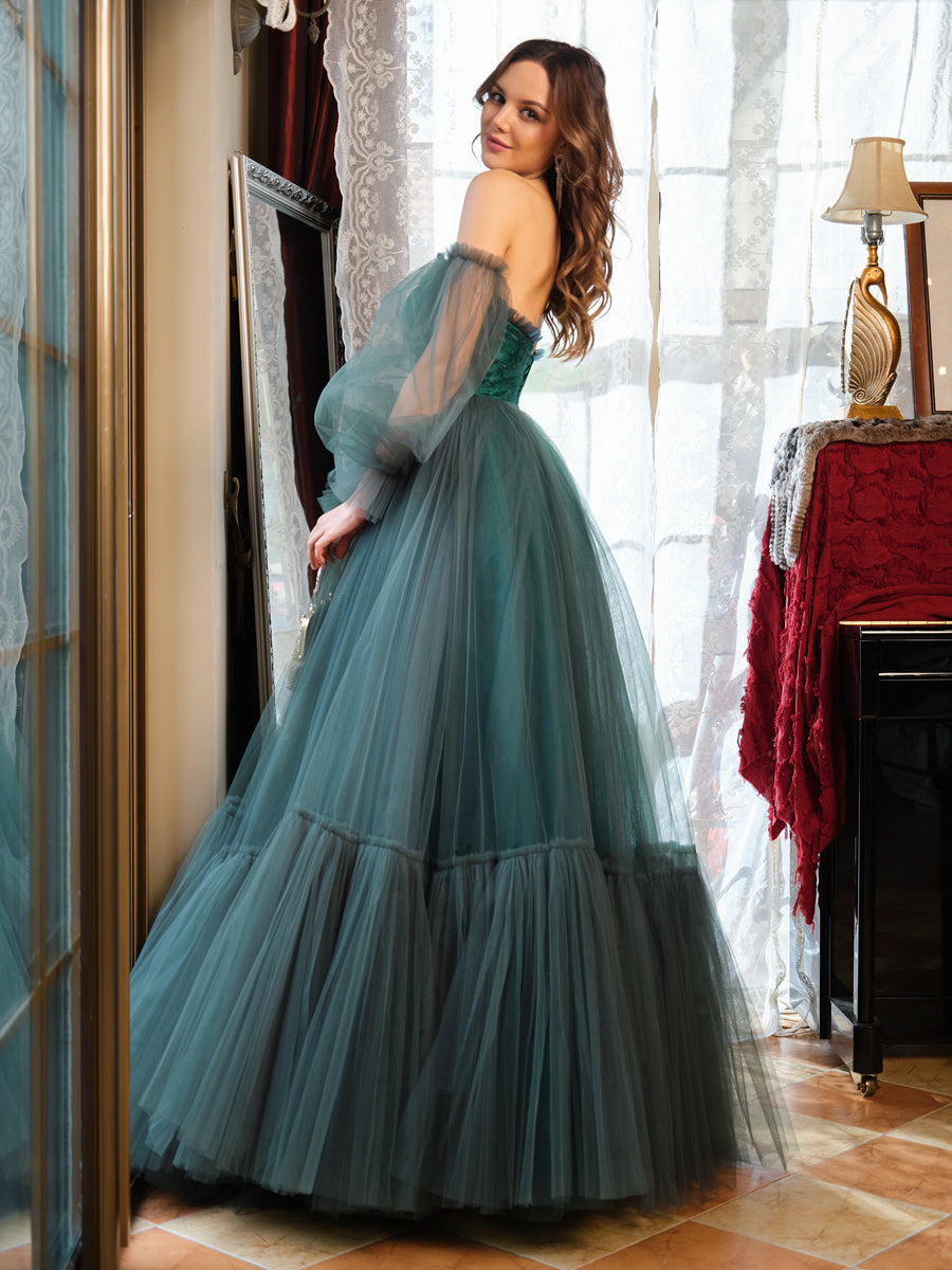 A-Line/Princess Tulle Sweetheart Long Prom Dresses