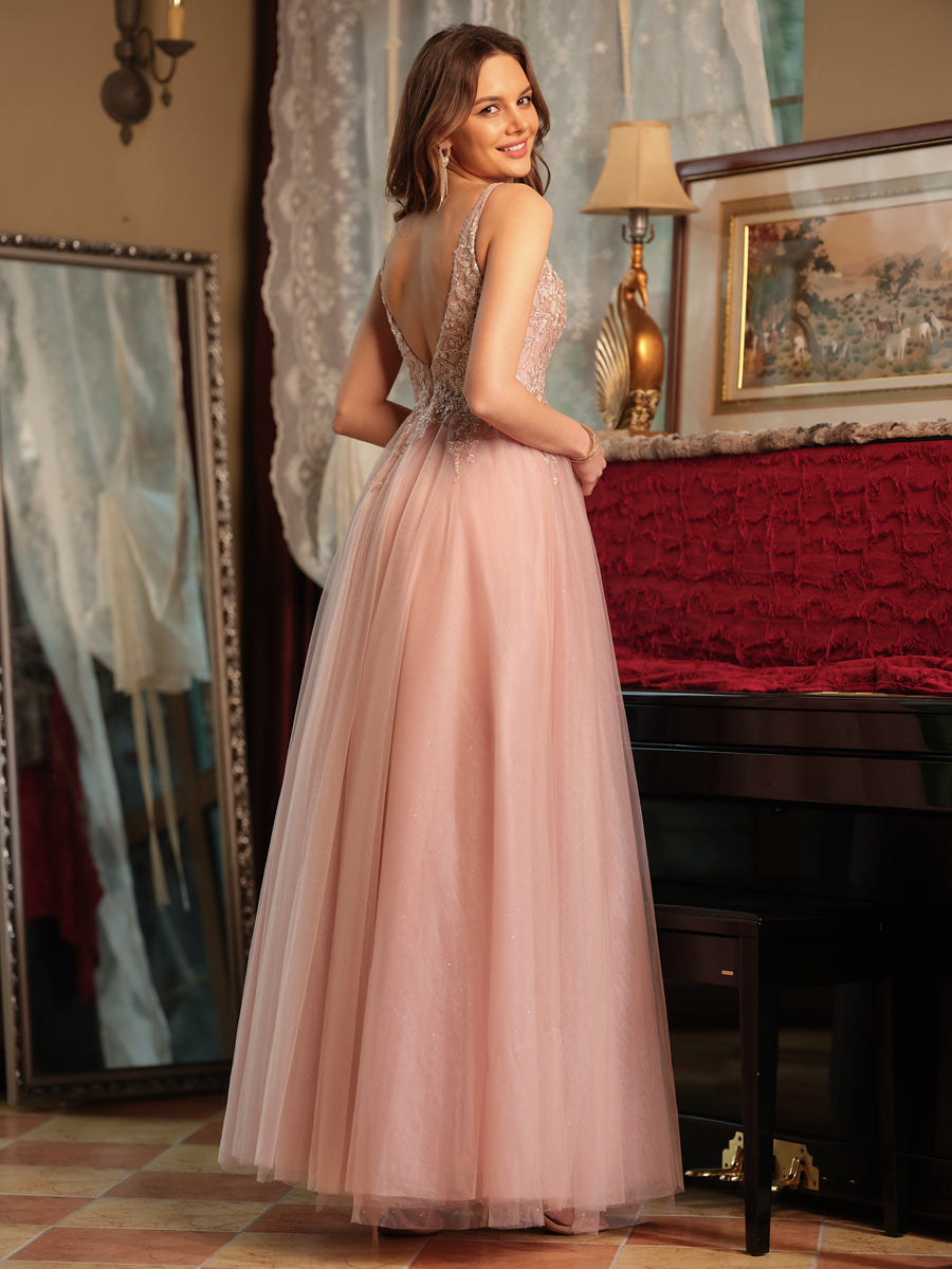 A-Line/Princess V-Neck Tulle Split Side Applique Long Prom Dresses