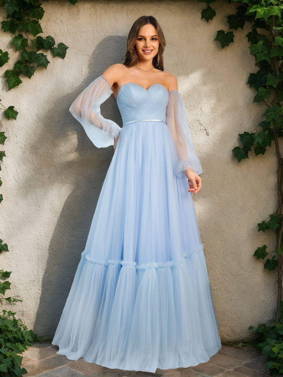 A-Line/Princess Tulle Sweetheart Long Prom Dresses with Belt