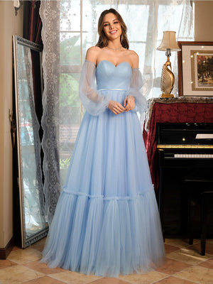 Light Blue Prom Dresses Tulle for Women Elegant A-Line Sweetheart Long Sleeveless Floor-Length Formal Evening Gowns with Belt Light Blue Prom Dresses Tulle for Women Elegant A-Line Sweetheart Long Sleeveless Floor-Length Formal Evening Gowns with Belt