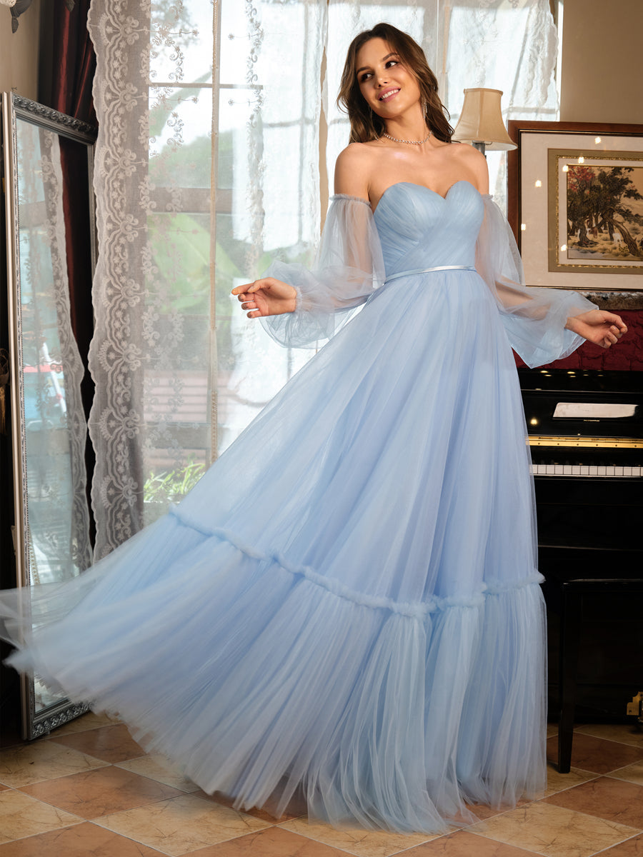 A-Line/Princess Tulle Sweetheart Long Prom Dresses with Belt