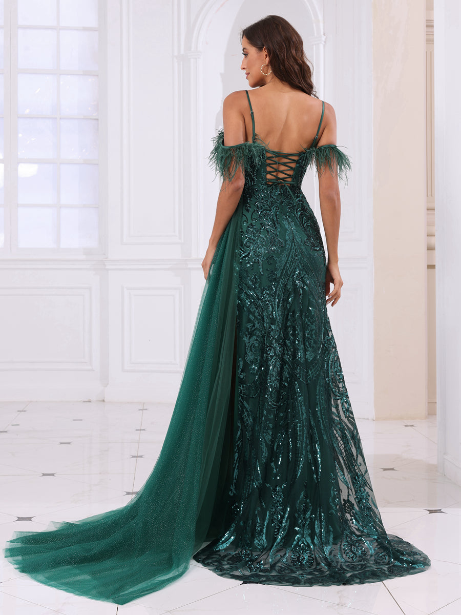 A-Line/Princess Spaghetti Straps Long Prom Dresses with Feather &amp; Sequins