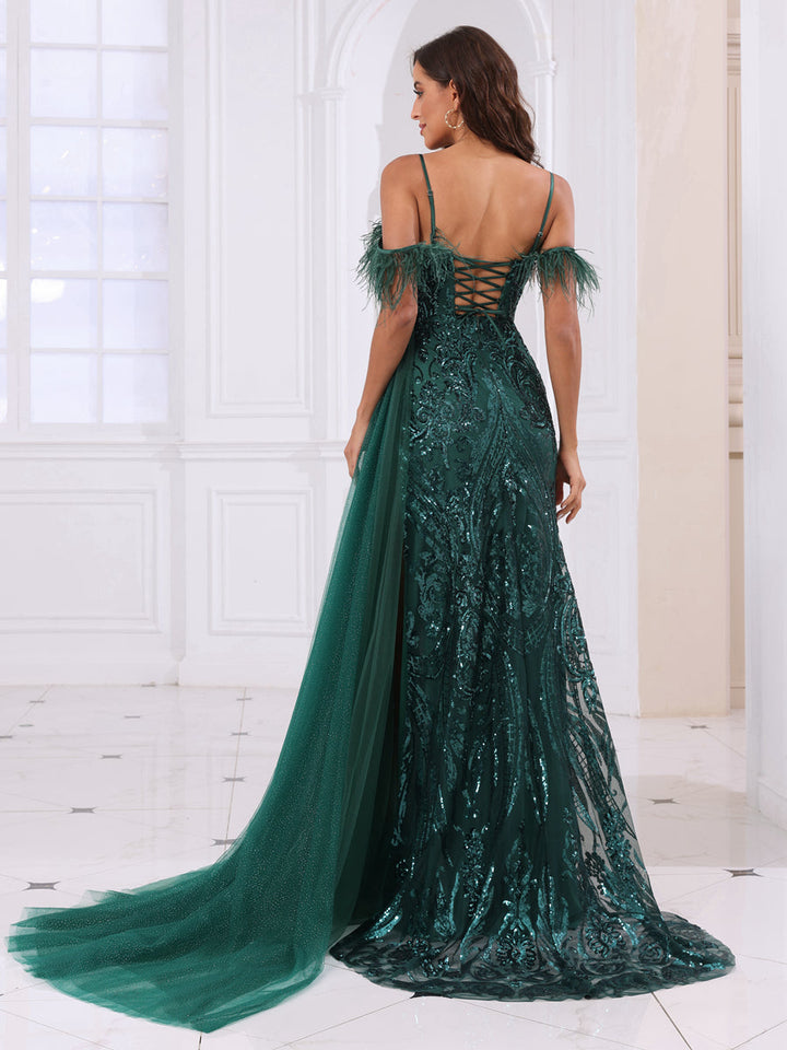 A-Line/Princess Spaghetti Straps Long Prom Dresses with Feather &amp; Sequins