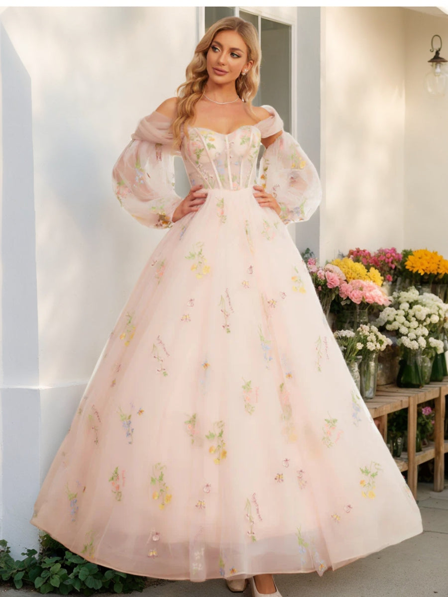 Ball Gown Sweetheart Embroidery Tulle Long Prom Dresses with Detachable Shawl &amp; Sleeves