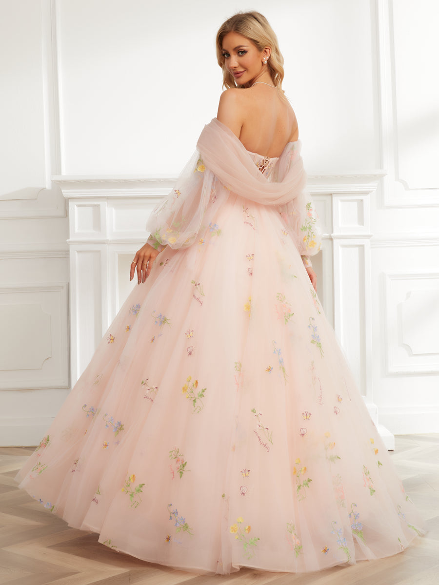 Ball Gown Sweetheart Embroidery Tulle Long Prom Dresses with Detachable Shawl & Sleeves