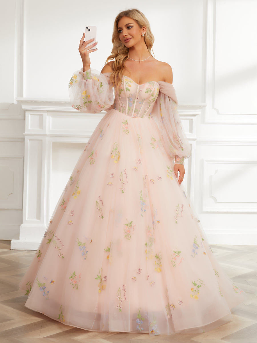 Ball Gown Sweetheart Embroidery Tulle Long Prom Dresses with Detachable Shawl &amp; Sleeves