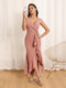 Sheath/Column V-Neck Long Asymmetrical Prom Dresses with Ruffles & Split Side
